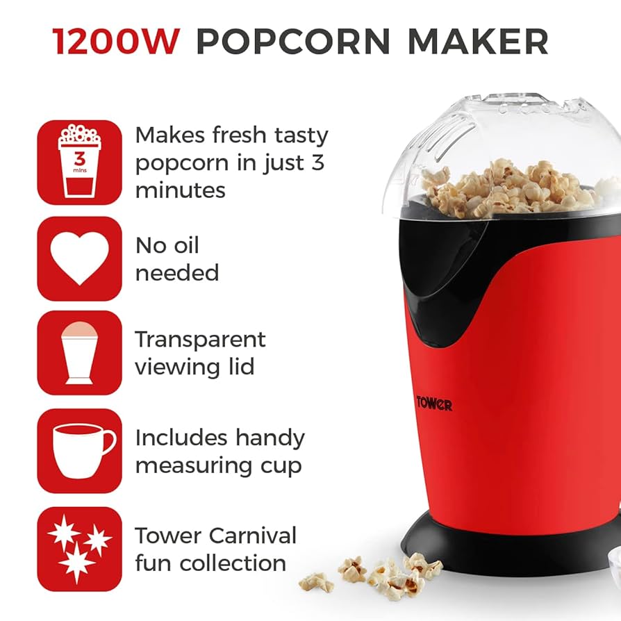popcorn Tower T19040RD Popcorn Maker, Plastic, 1200 W, red : Amazon